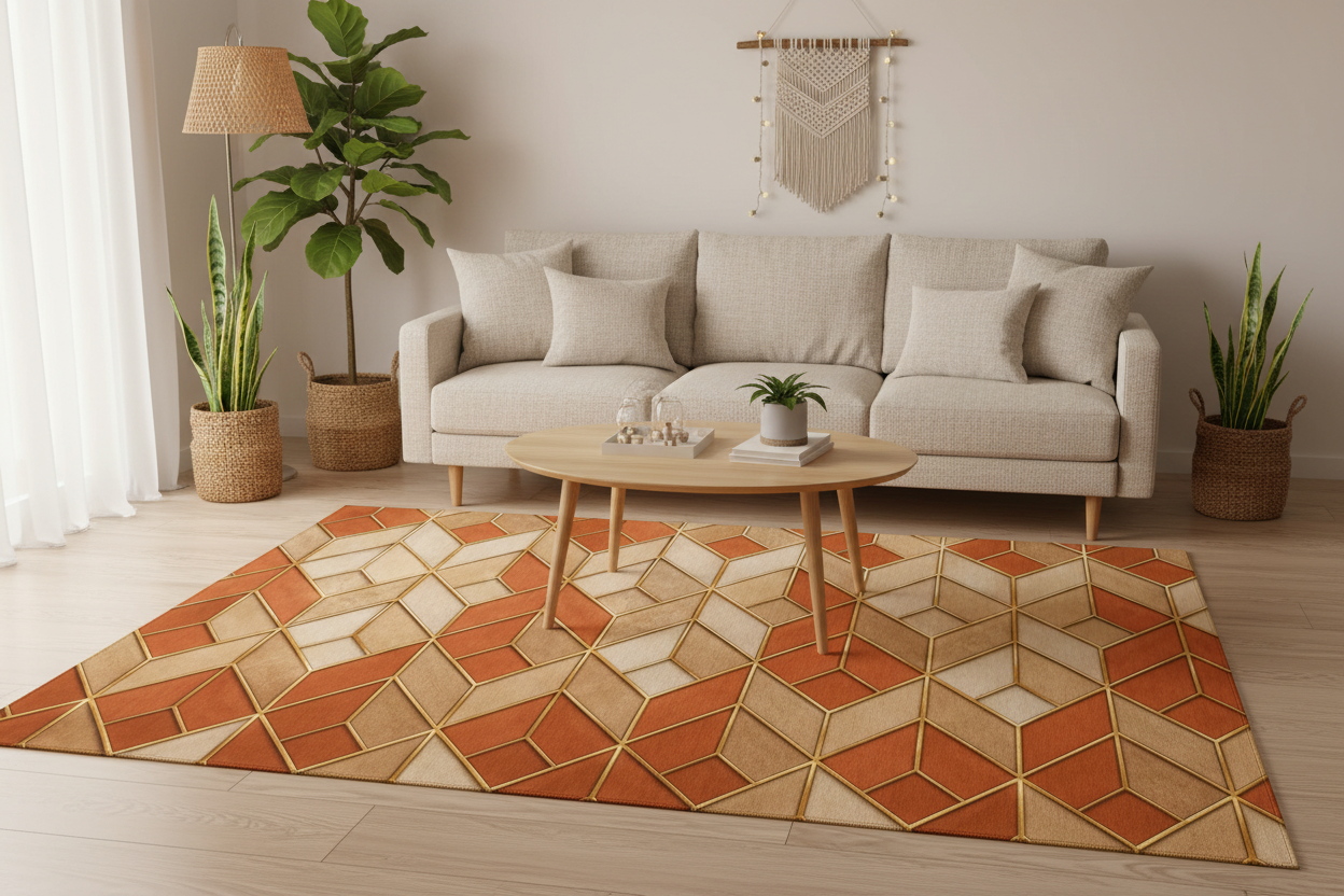Geometric Terracotta Washable Rug — Retro Chevron Pattern
