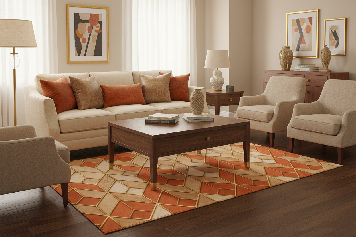 Geometric Terracotta Washable Rug — Retro Chevron Pattern