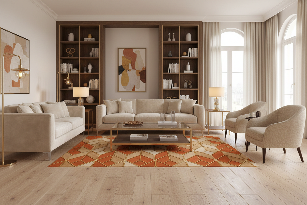 Geometric Terracotta Washable Rug — Retro Chevron Pattern