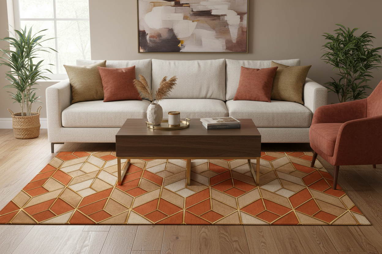 Geometric Terracotta Washable Rug — Retro Chevron Pattern