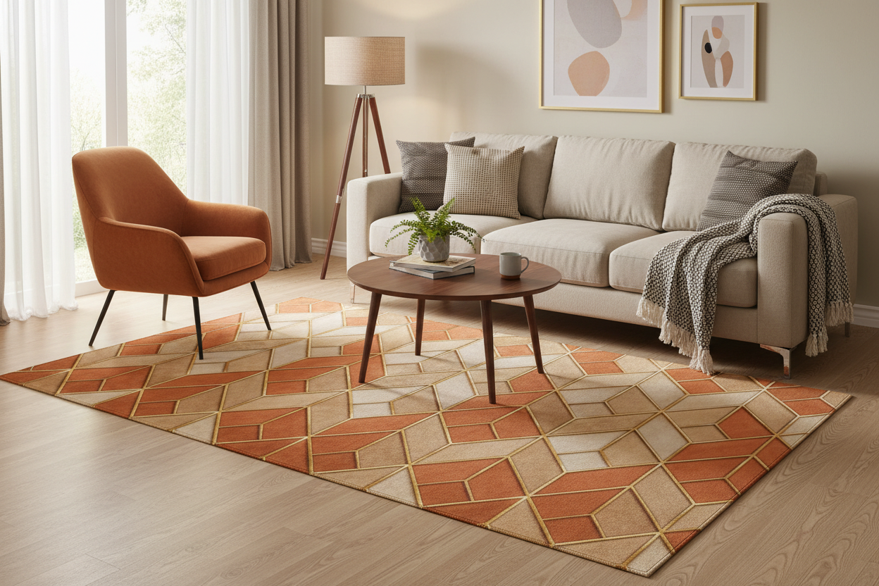 Geometric Terracotta Washable Rug — Retro Chevron Pattern