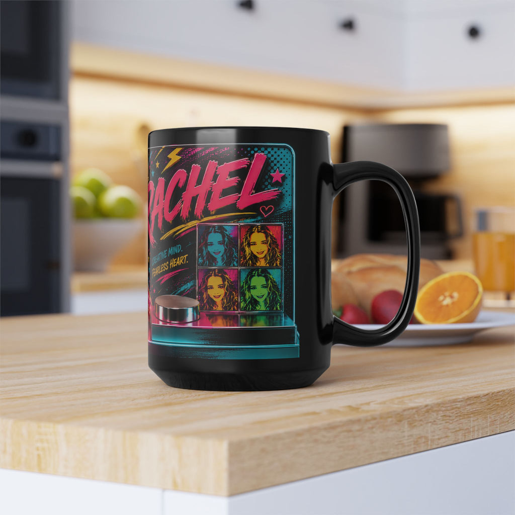 Personalized Neon Pop Photo Mug — Custom Name 'Rachel' 15oz Black Ceramic