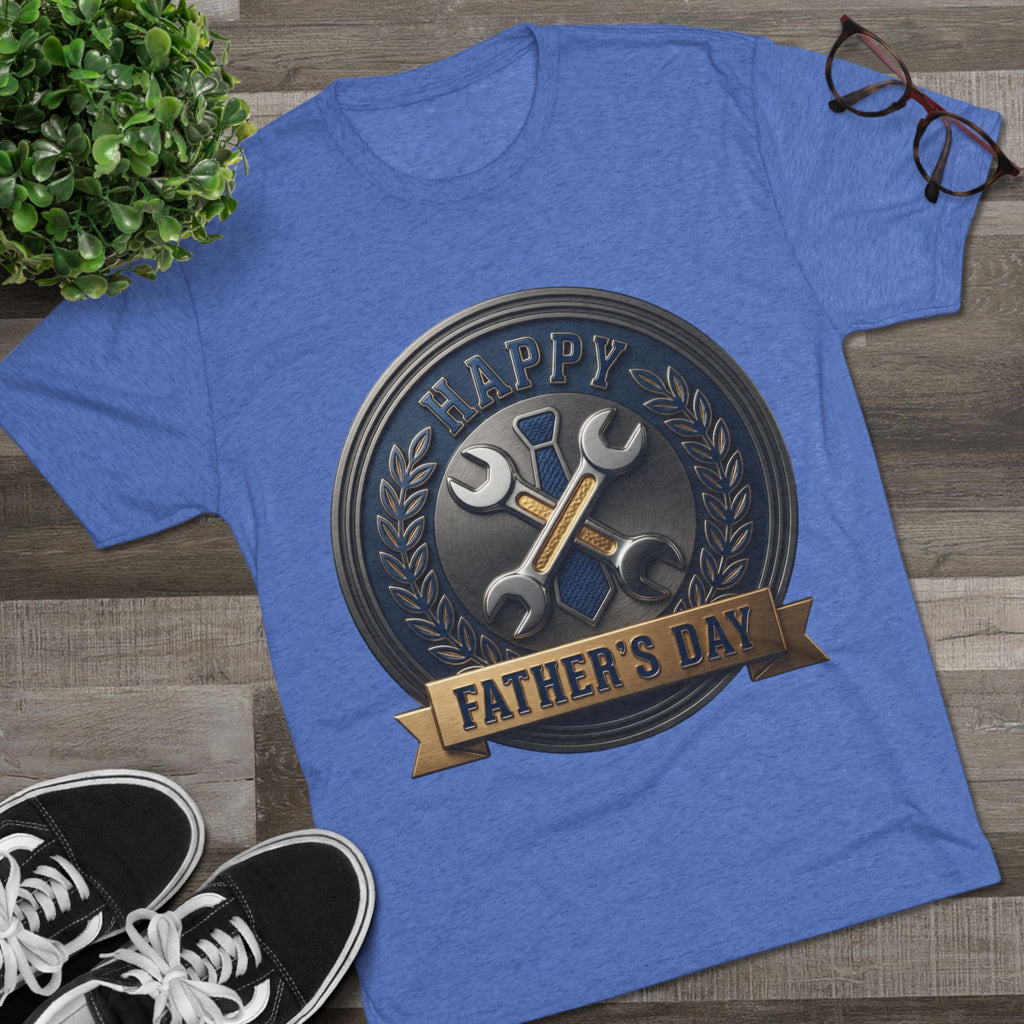 Father's Day Mechanics Badge Tee — Happy Father's Day Wrench & Hammer Crew Shirt