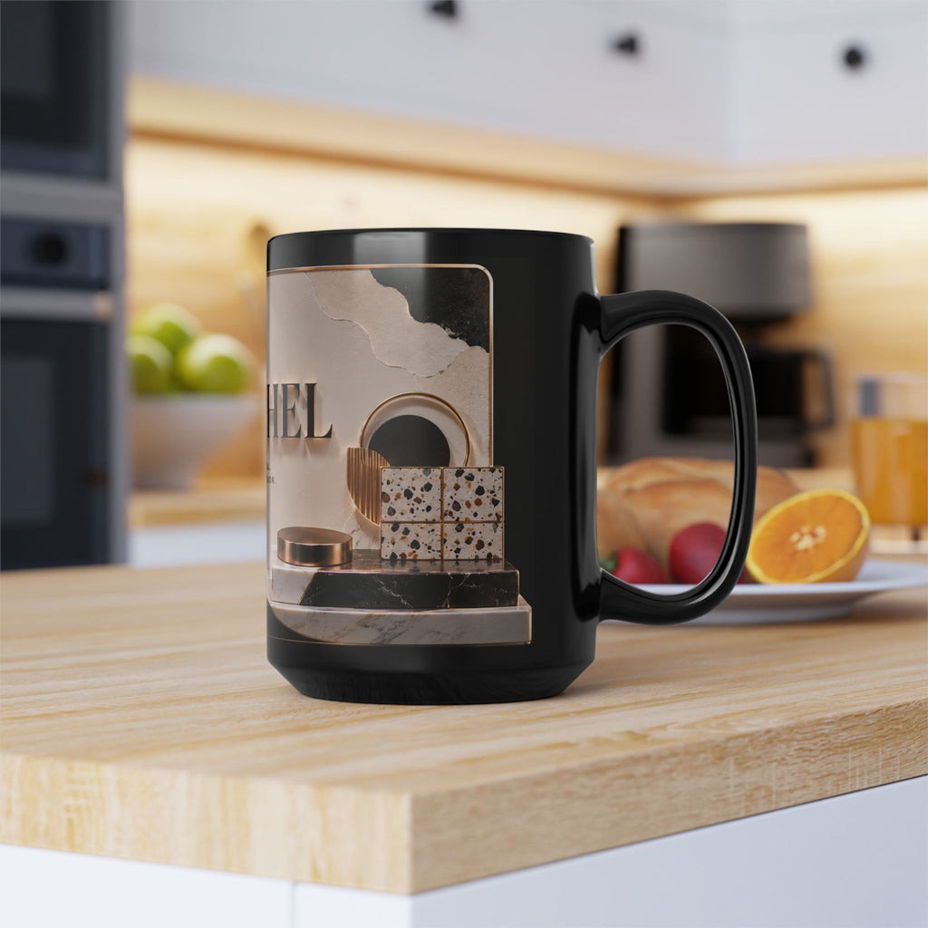 Personalized Black 15oz Mug — 'Rachel' Gold Monogram, Elegant Office Gift