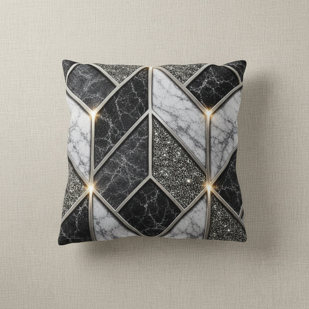 Geometric Marble Outdoor Pillow — Gray Stone Mosaic Accent Cushion