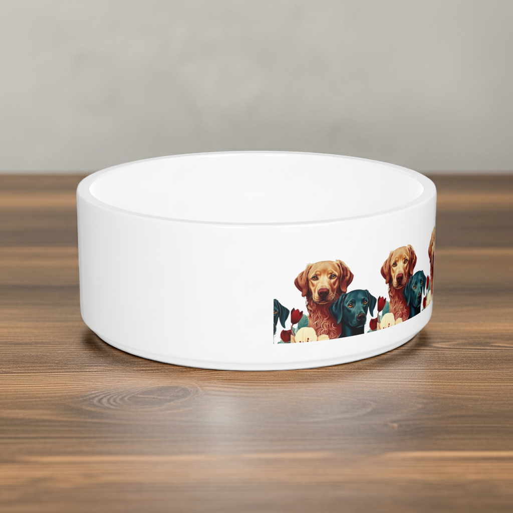 Dog Pattern Ceramic Pet Bowl — Colorful Labrador & Retriever Design