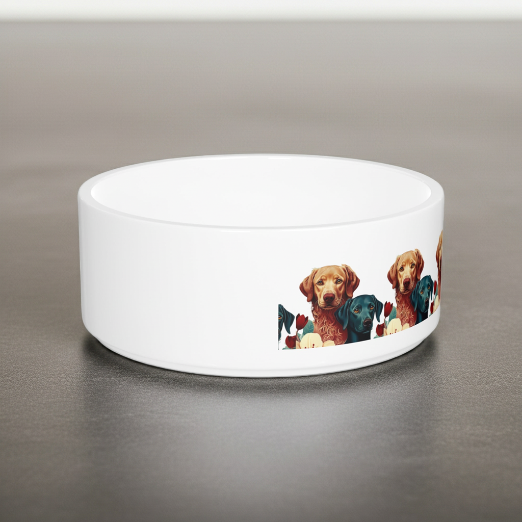 Dog Pattern Ceramic Pet Bowl — Colorful Labrador & Retriever Design