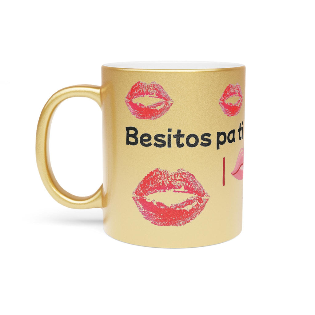 Taza Metálica Chic con Estampado de Beso - Regalo Glam para Mujer, Metallic Mug Kiss Print, Taza Estética de Maquillaje
