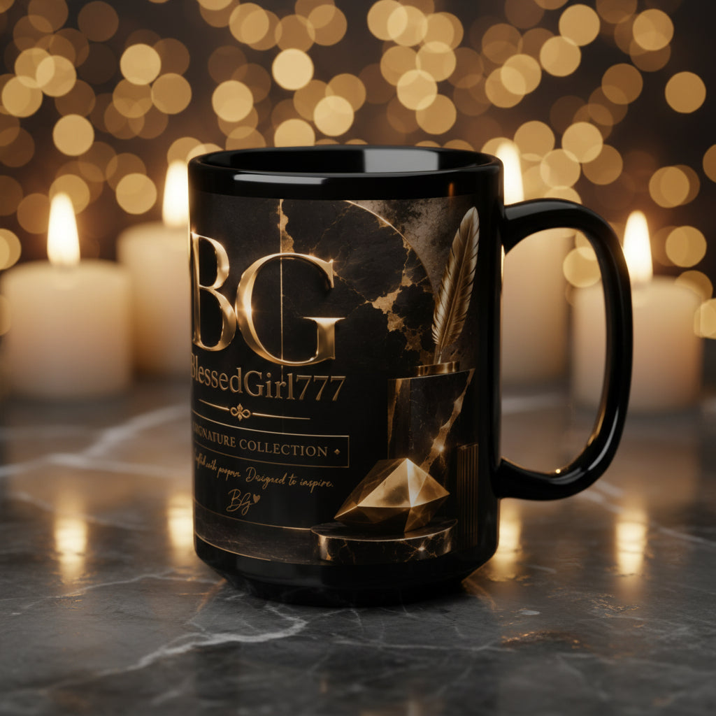BlessedGirl777 Gold Emblem 15oz Black Mug