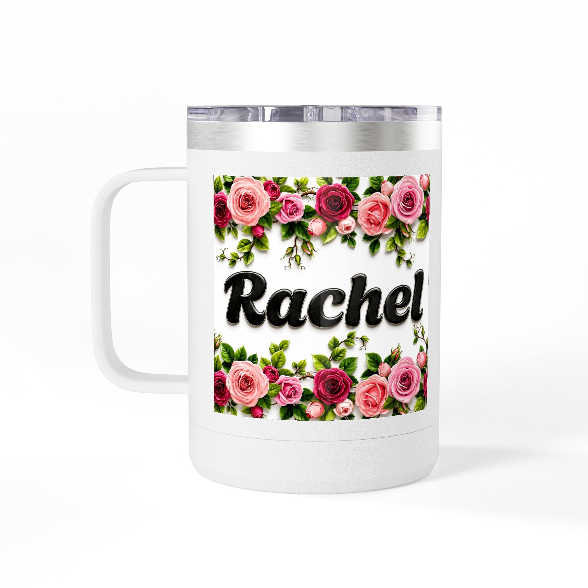 Personalized Rachel Floral 15oz Travel Mug — Insulated Coffee Tumbler