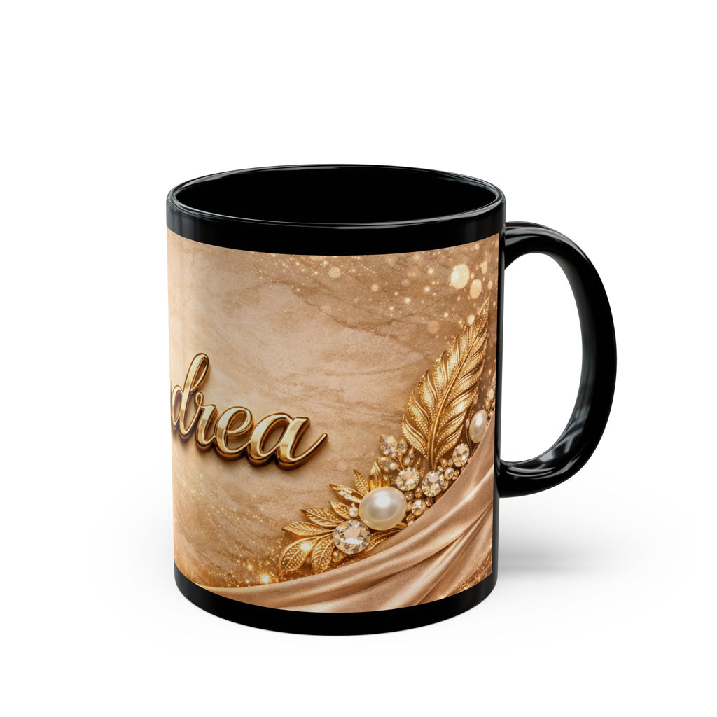 Personalized Gold Name Mug — Elegant Andrea Black Ceramic Coffee Cup (11oz & 15oz)