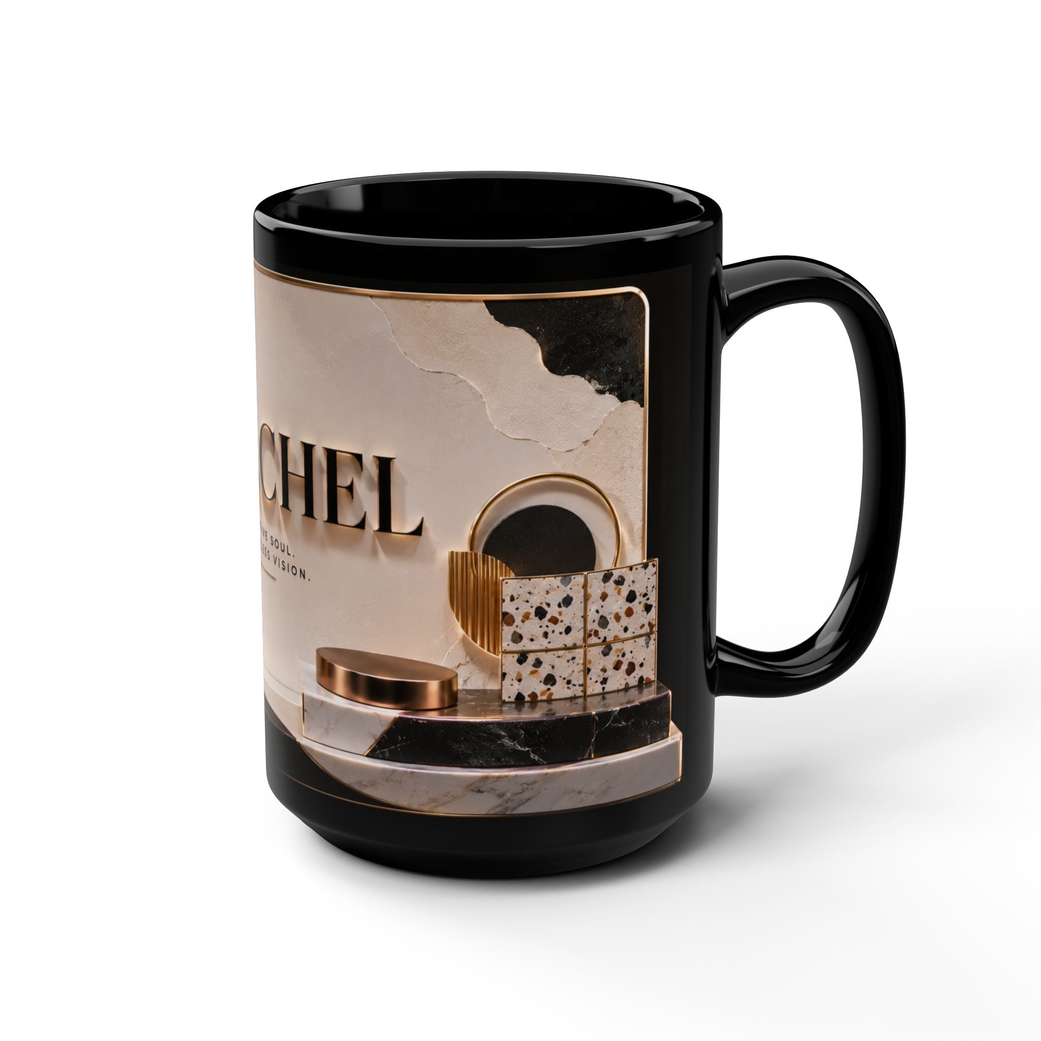 Personalized Black 15oz Mug — 'Rachel' Gold Monogram, Elegant Office Gift