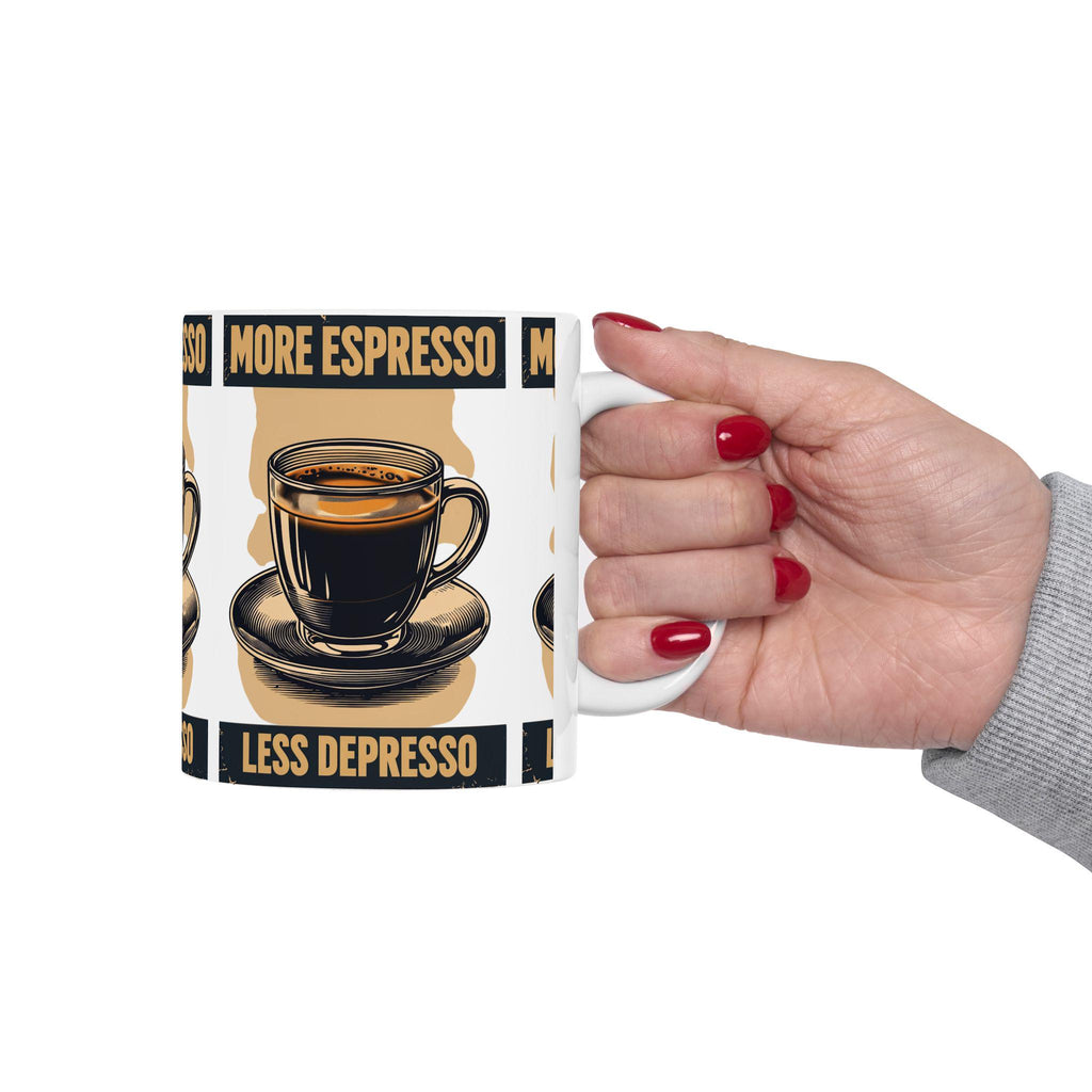 Taza More Espresso Less Depresso - Regalo Divertido para Amantes del Café, Mug de Cerámica Sarcástica, Regalo de Salud Mental
