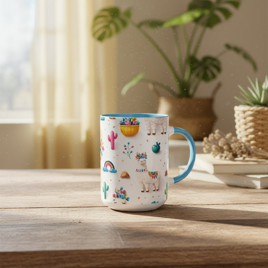Cute Llama Pattern Accent Coffee Mug (11/15oz) – Colorful Fiesta Alpaca Design