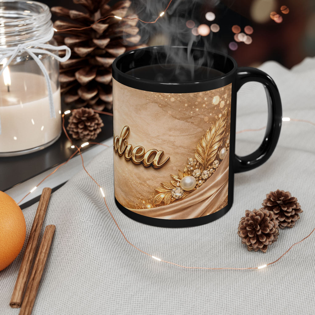 Personalized Gold Name Mug — Elegant Andrea Black Ceramic Coffee Cup (11oz & 15oz)