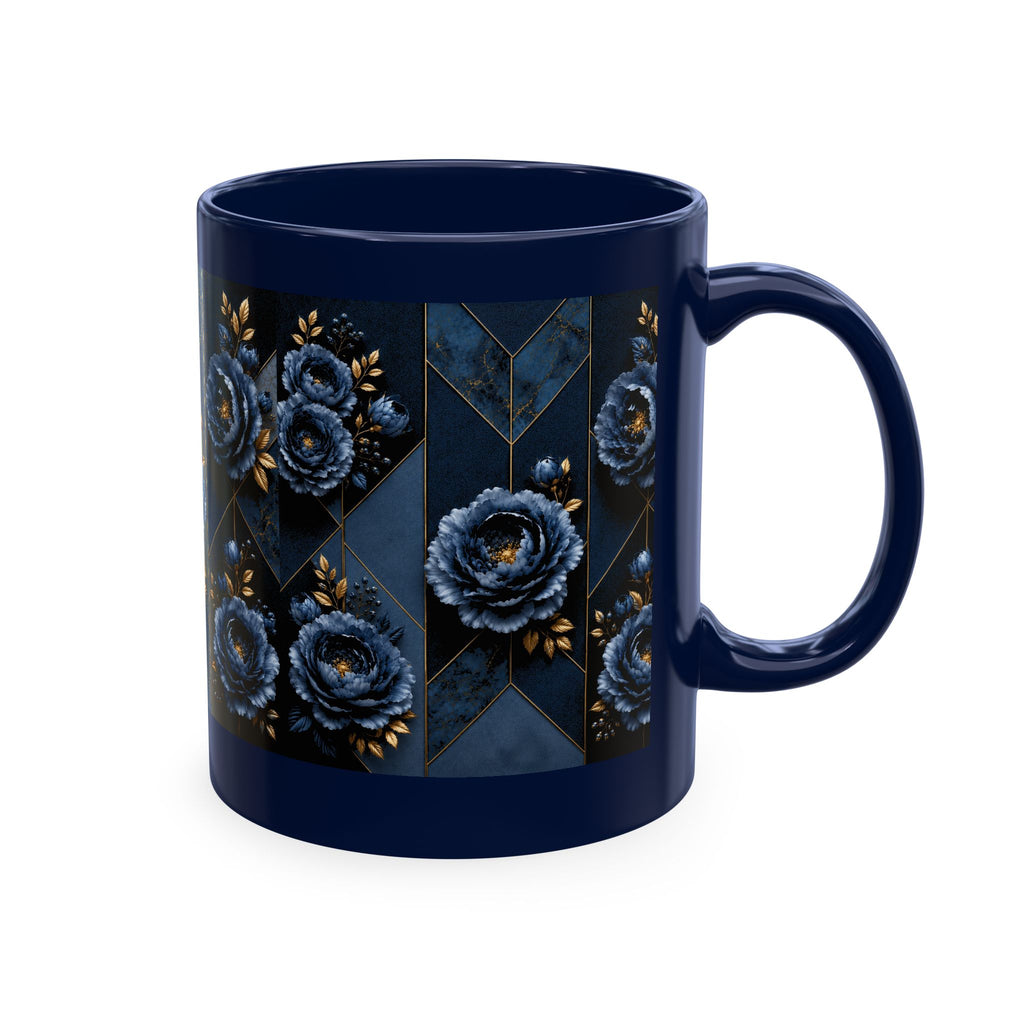 Navy Blue Floral Ceramic Mug — Elegant Rose Pattern Coffee Cup