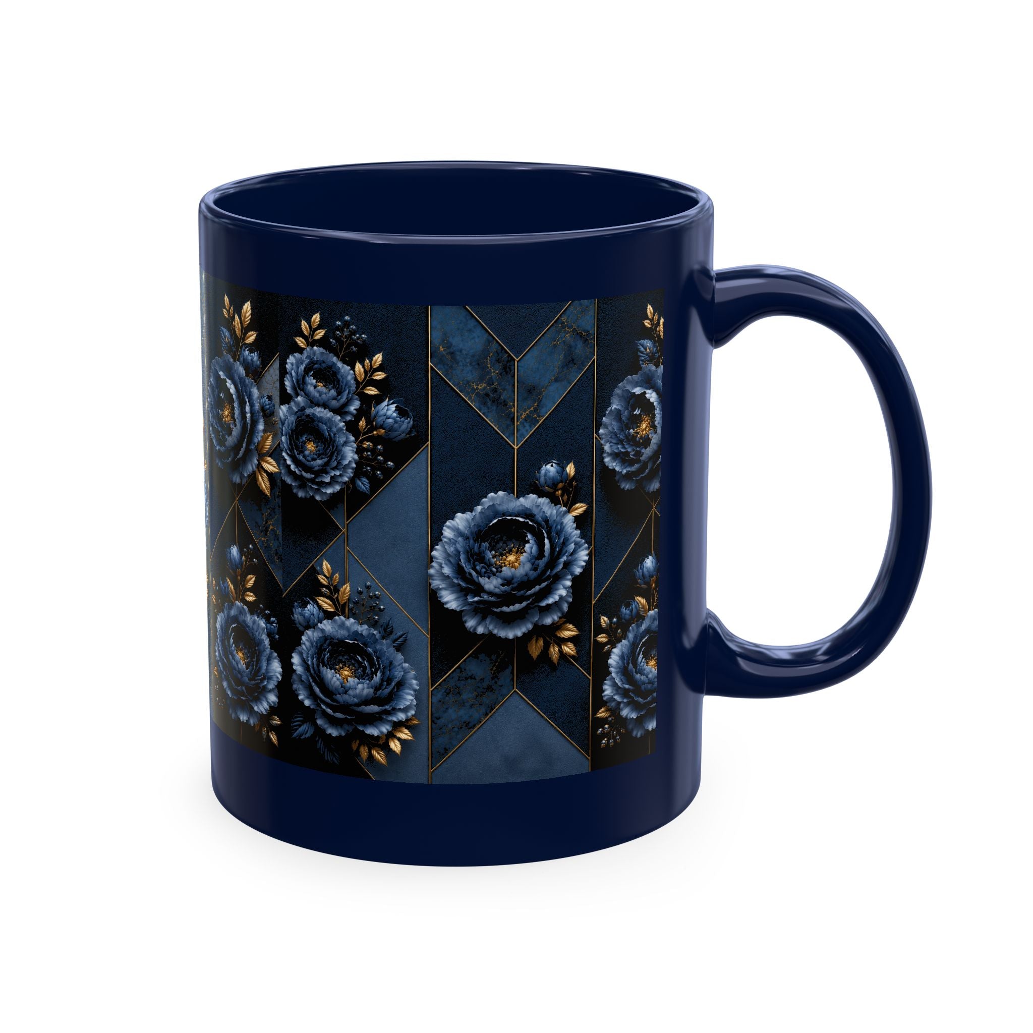Navy Blue Floral Ceramic Mug — Elegant Rose Pattern Coffee Cup