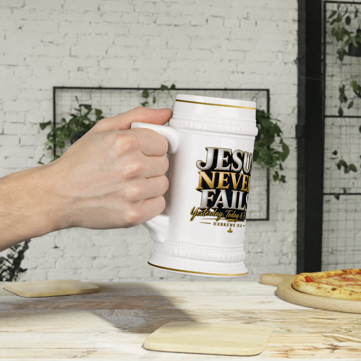 Jesus Never Fails Ceramic Beer Stein Mug — Faith-Based Pastor Appreciation Gift