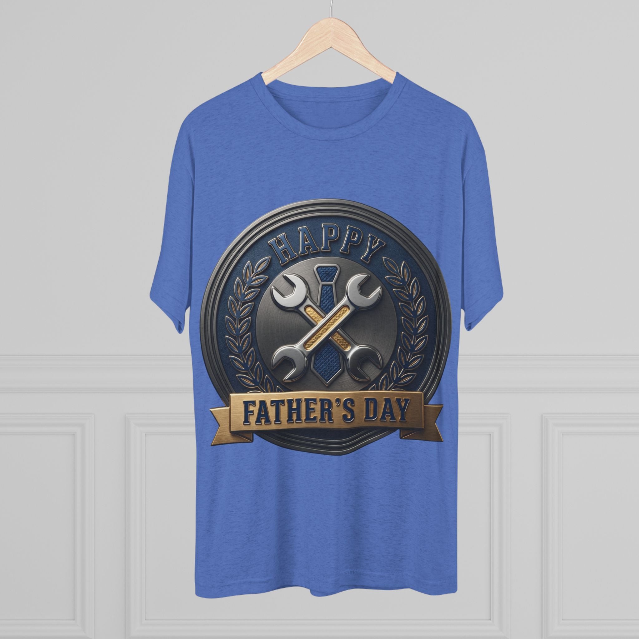 Father's Day Mechanics Badge Tee — Happy Father's Day Wrench & Hammer Crew Shirt
