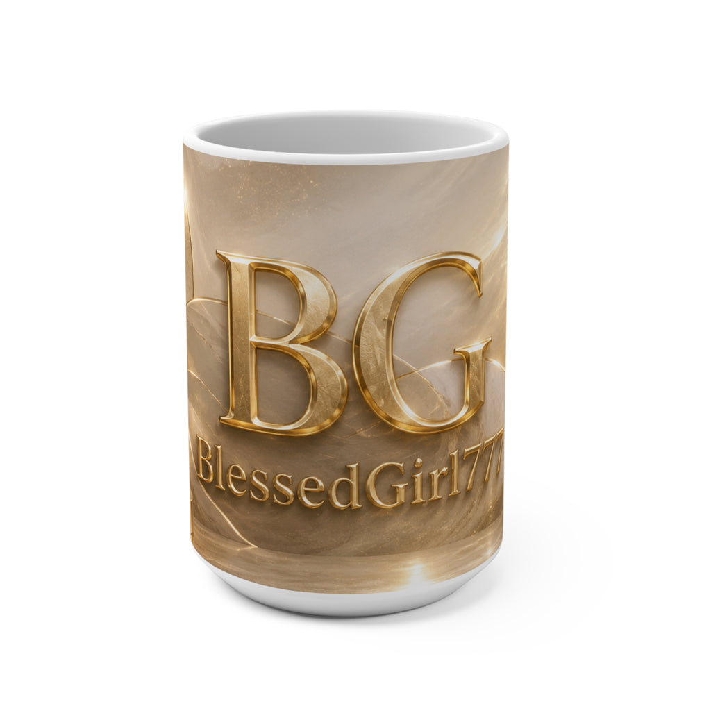 BlessedGirl777 Gold Logo Mug — 15oz Inspirational Coffee Cup
