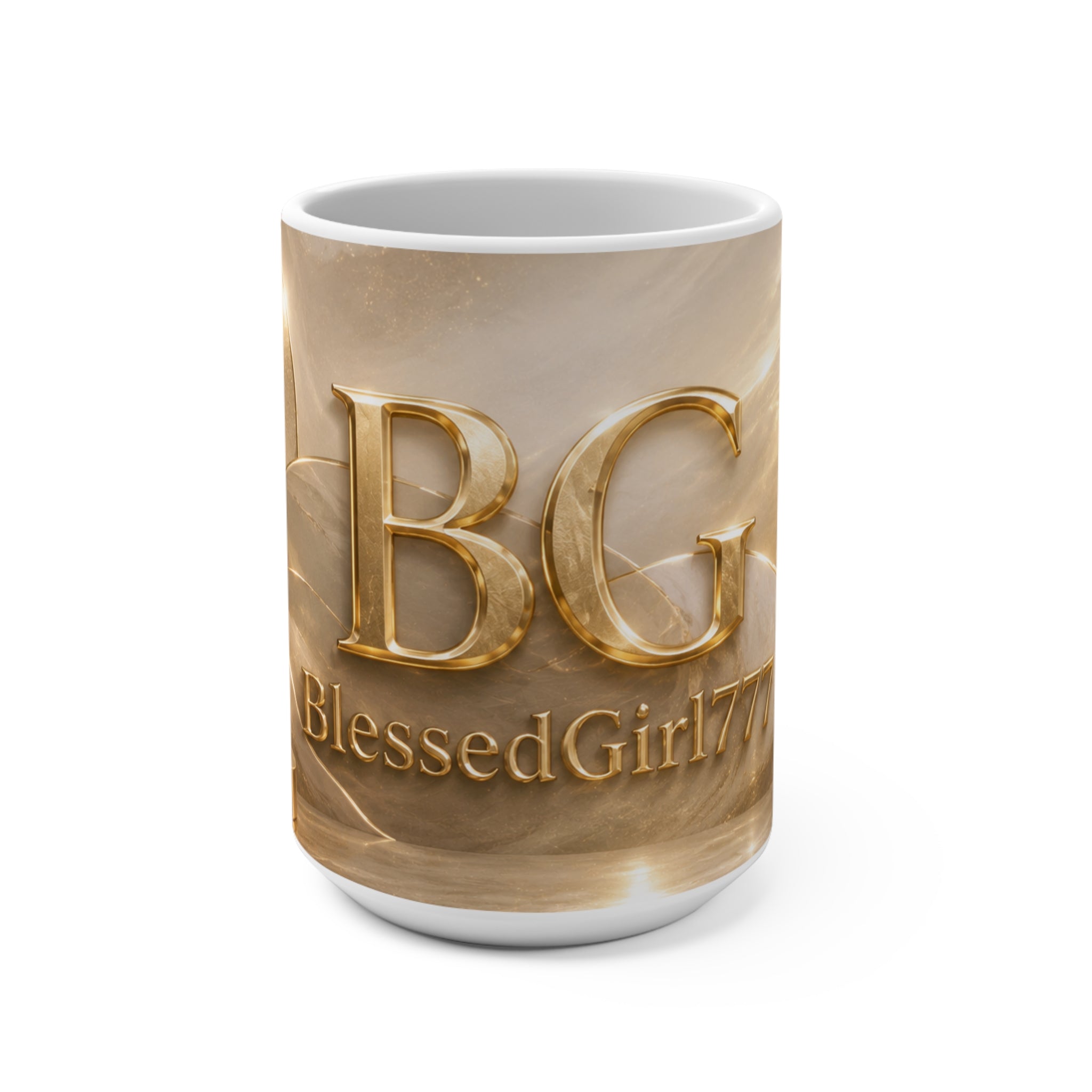 BlessedGirl777 Gold Logo Mug — 15oz Inspirational Coffee Cup
