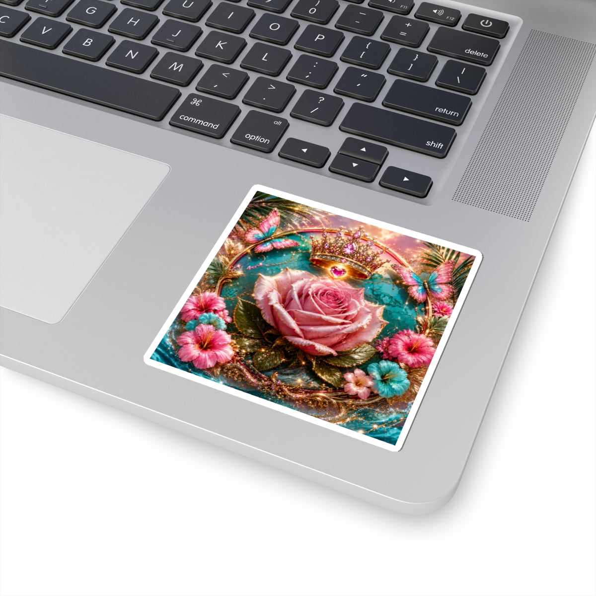 Royal Rose Kiss-Cut Sticker — Glitter Crown, Butterflies & Floral Vintage Decor