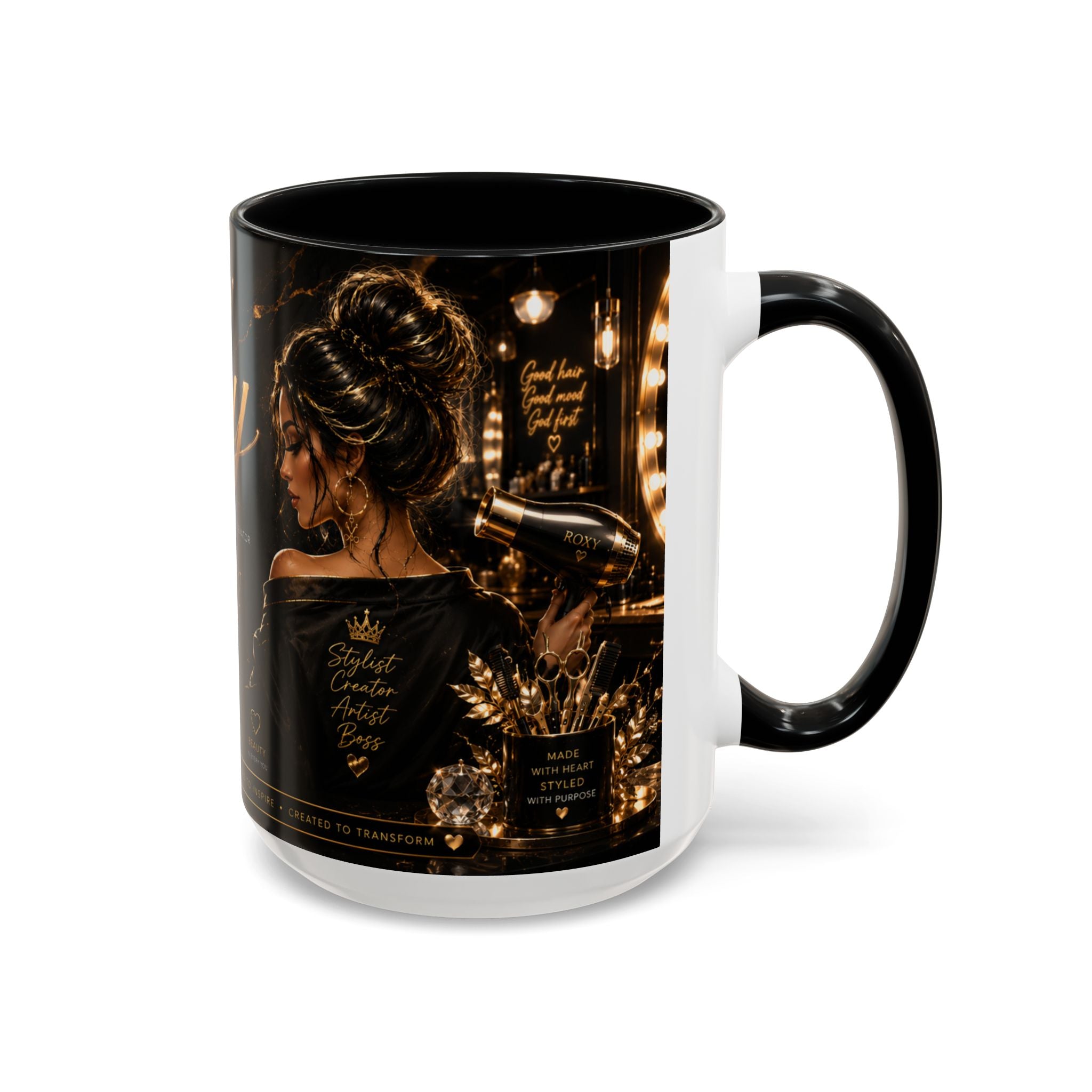 Personalized 'Roxy' Crown Coffee Mug — Elegant Black Gold Portrait Accent Mug (11/15oz)