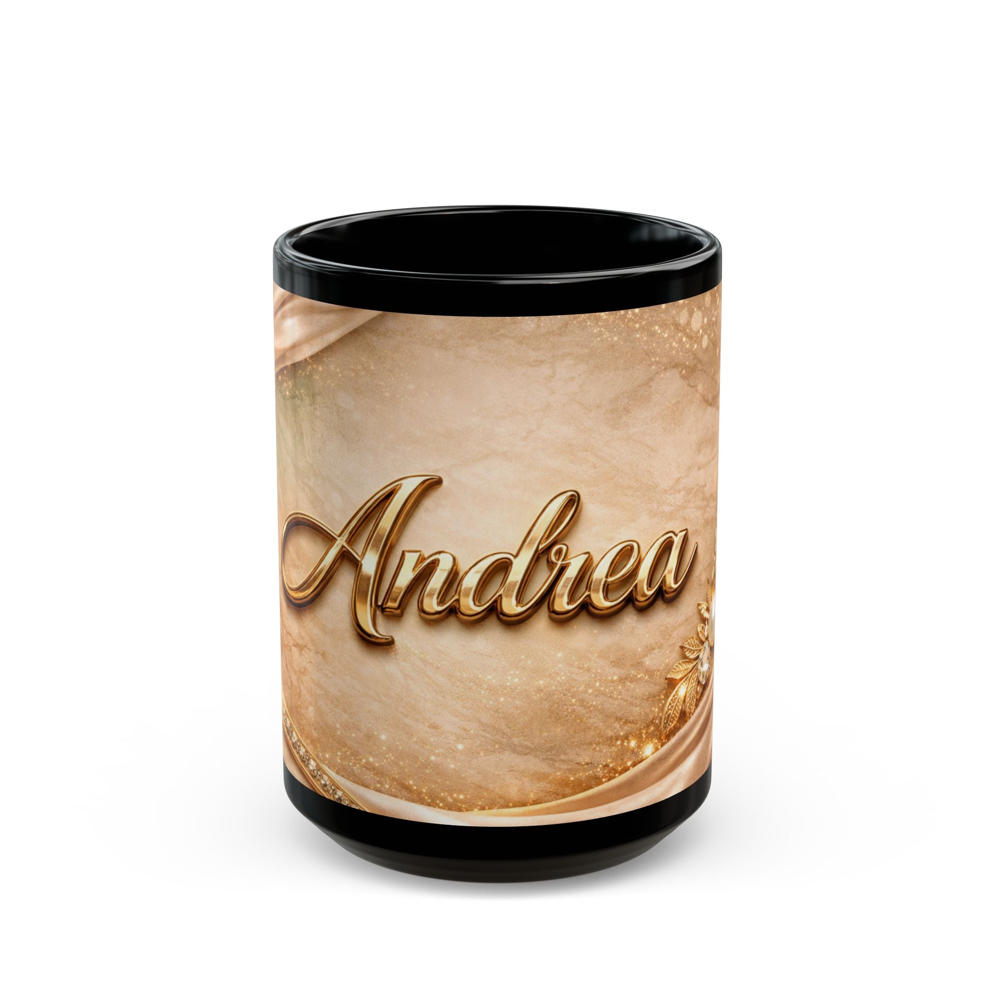 Personalized Gold Name Mug — Elegant Andrea Black Ceramic Coffee Cup (11oz & 15oz)