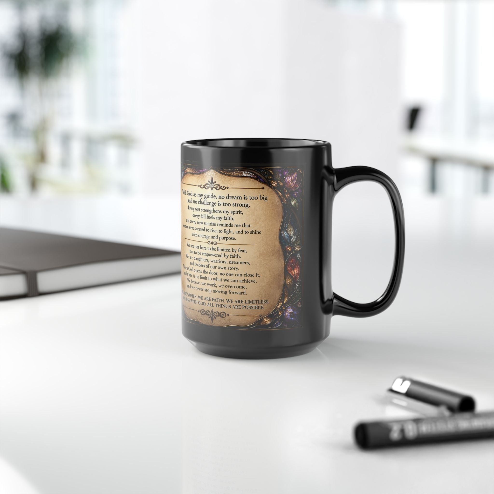 Inspirational Prayer Poem Mug 15oz | Black Stained Glass Faith & Hope Gift