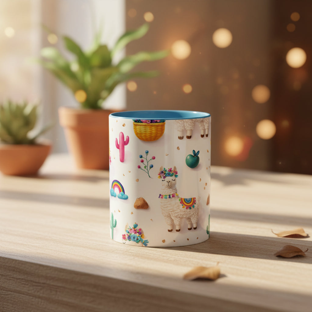 Cute Llama Pattern Accent Coffee Mug (11/15oz) – Colorful Fiesta Alpaca Design