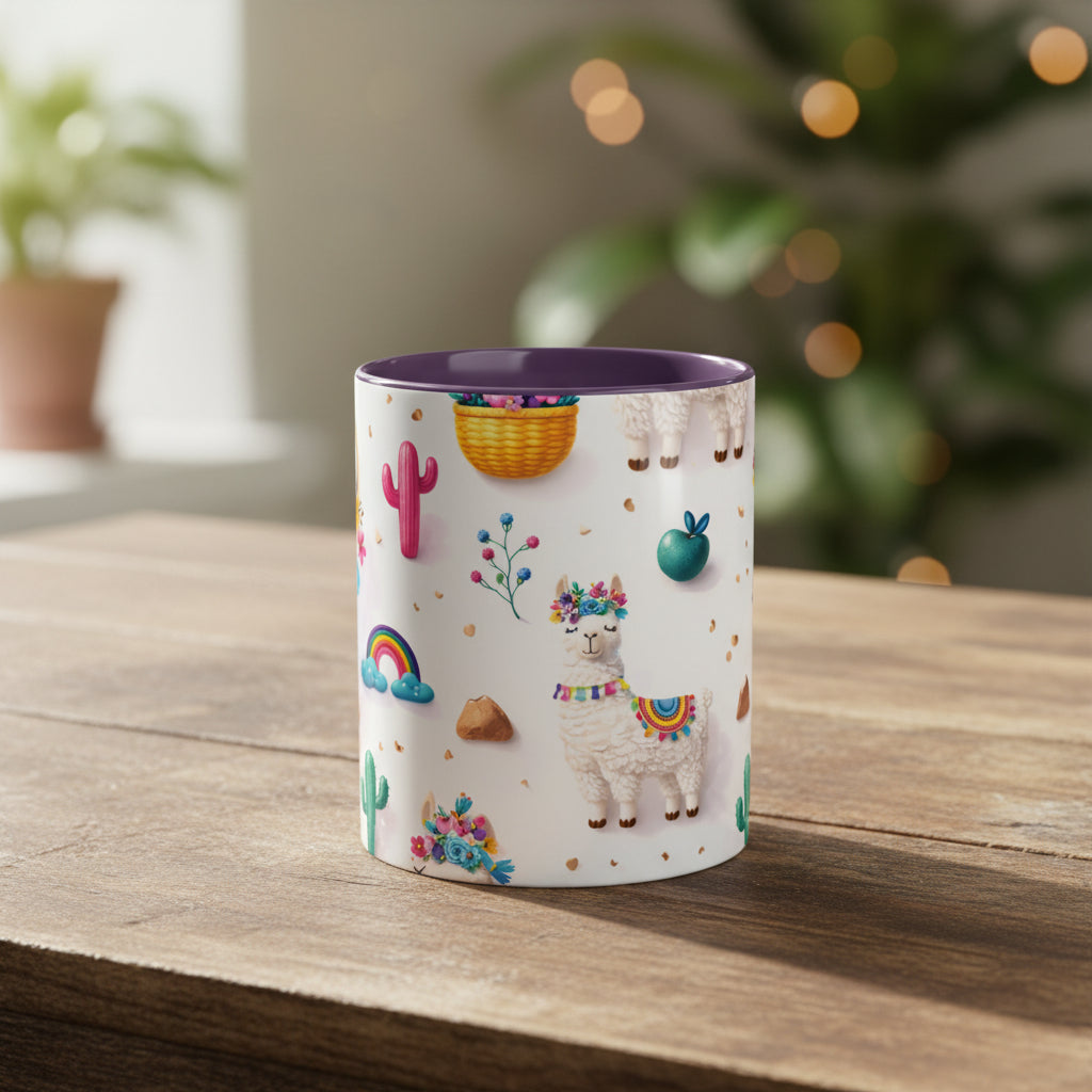 Cute Llama Pattern Accent Coffee Mug (11/15oz) – Colorful Fiesta Alpaca Design