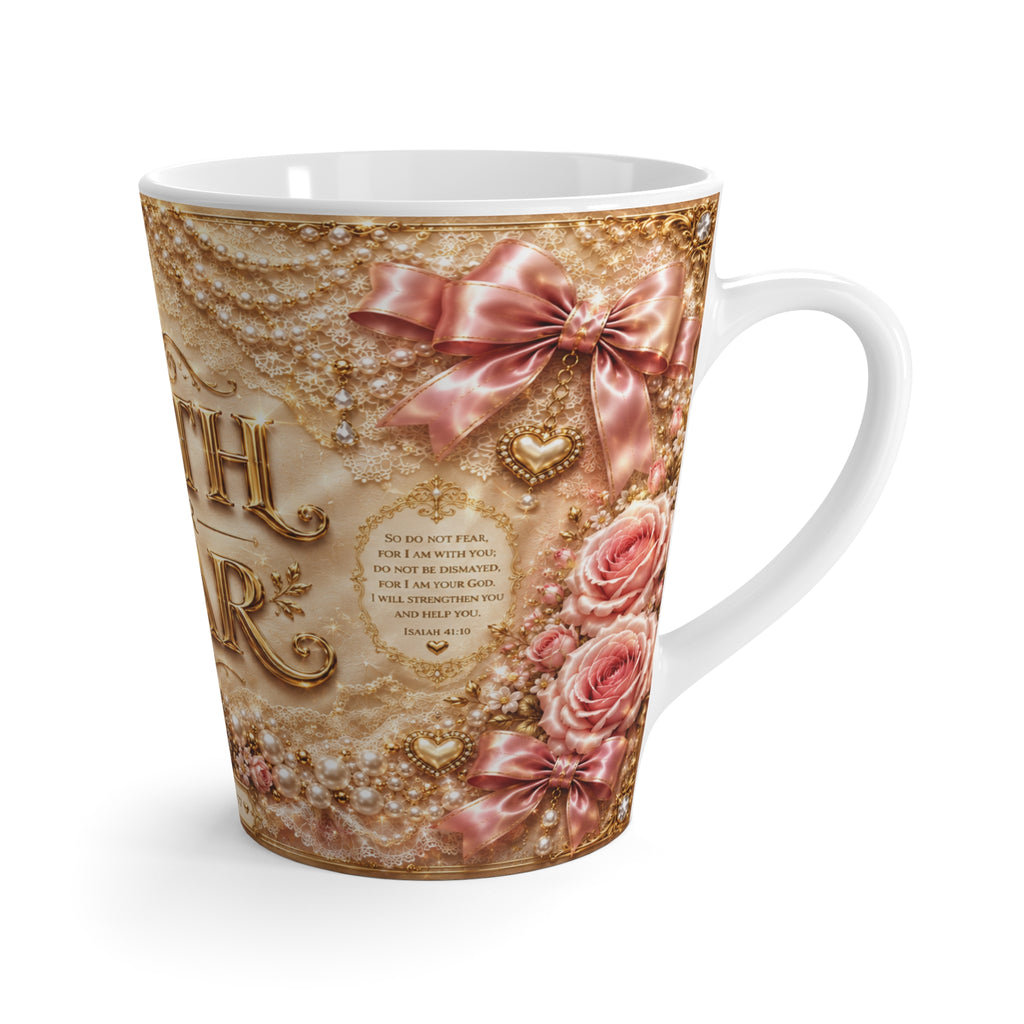 Faith Over Fear Latte Mug — Inspirational Religious Coffee Cup with Cross & Floral Design