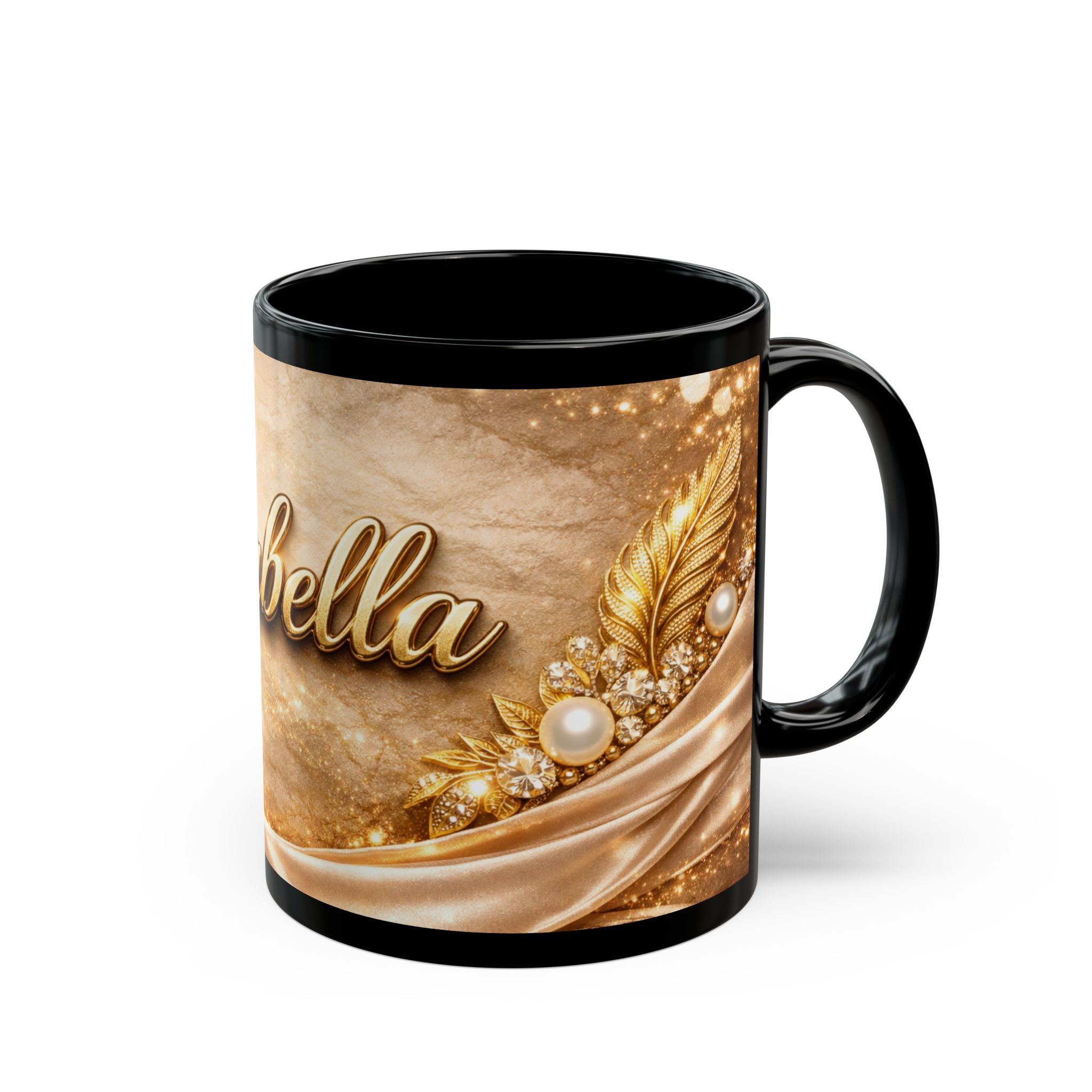 Personalized Gold Name Mug — "Isabella" Elegant Black Ceramic Coffee Cup