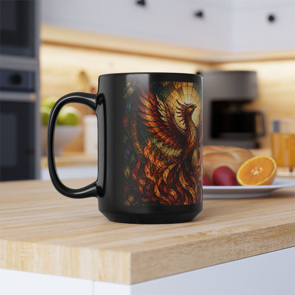 Rising Phoenix Faith Mug — Stained Glass 15oz Black Ceramic ✨