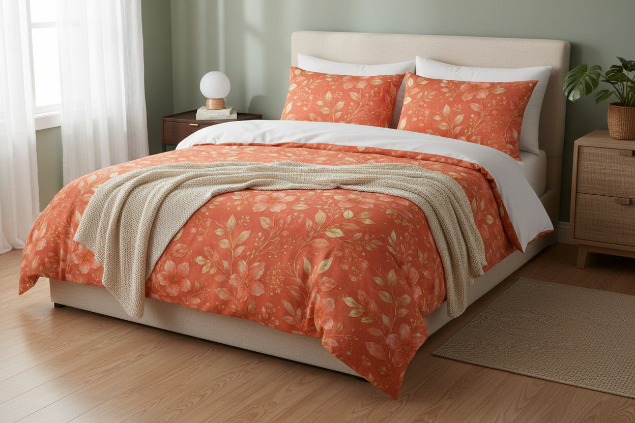 Floral Cotton Duvet Cover Set — Coral Vintage Blossom Bedding