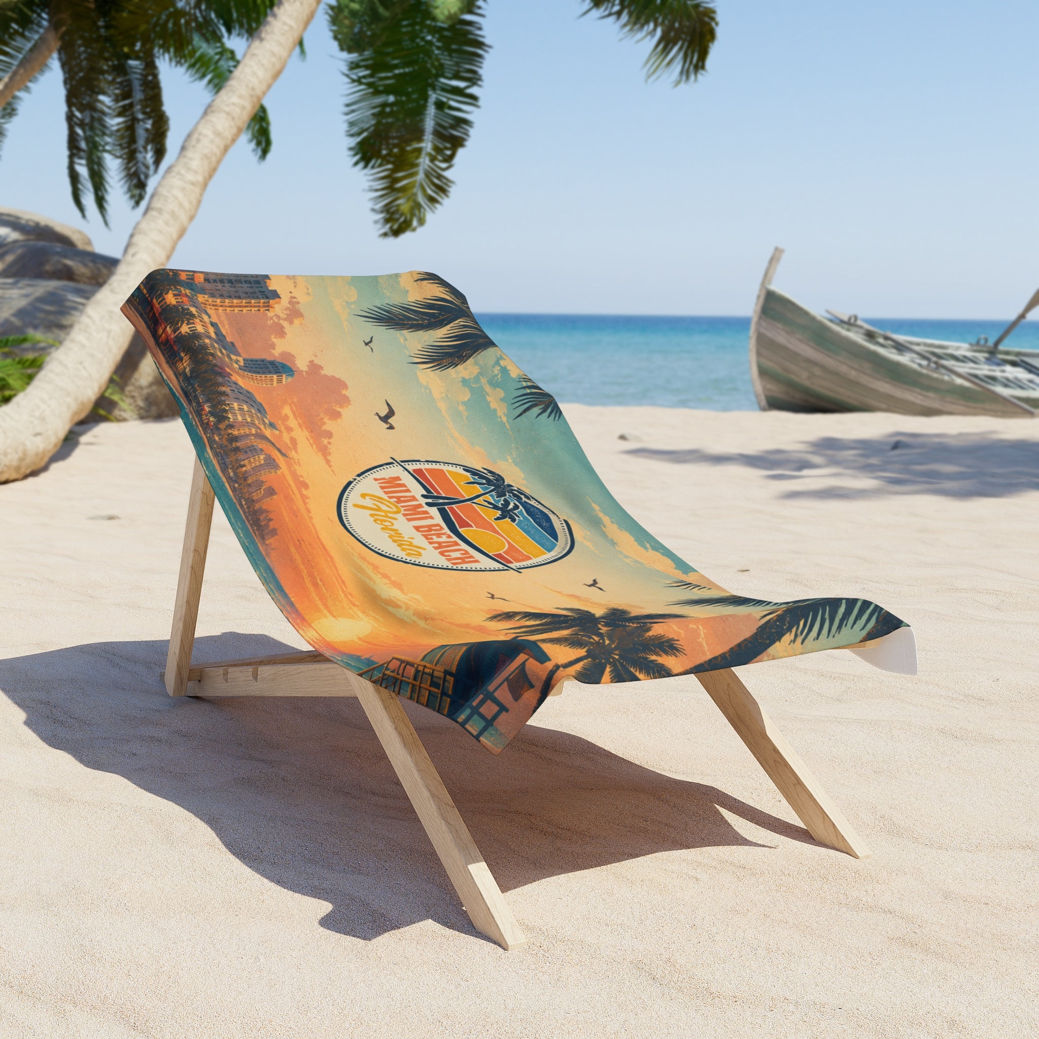 Miami Beach Florida Sunset Beach Towel — Retro Palm Tree Coastal Tote