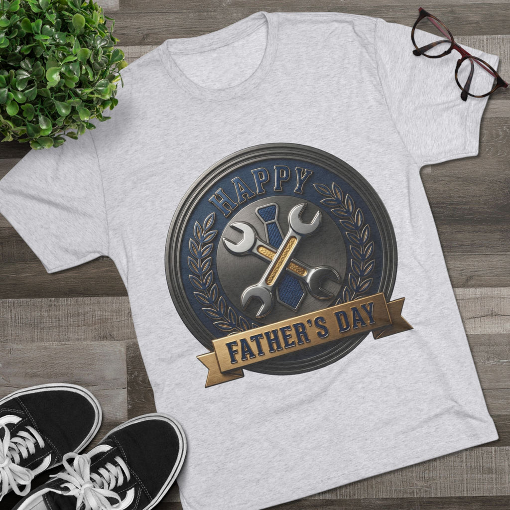 Father's Day Mechanics Badge Tee — Happy Father's Day Wrench & Hammer Crew Shirt