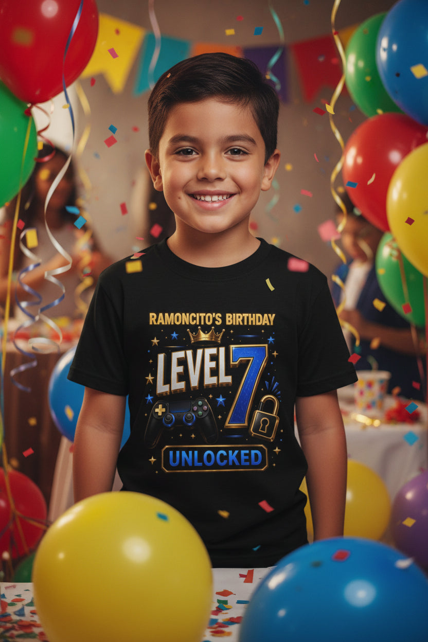Level 7 Unlocked Kids Tee | Birthday Gamer Design