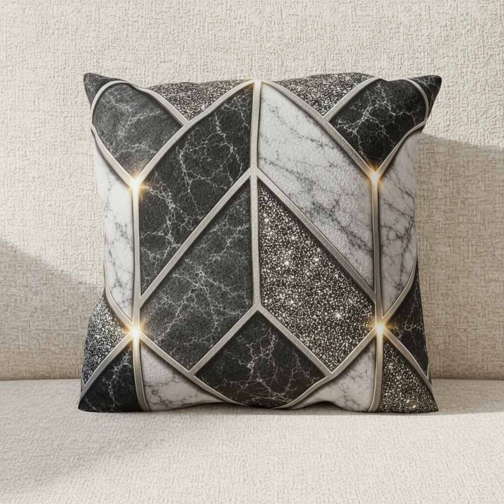 Geometric Marble Outdoor Pillow — Gray Stone Mosaic Accent Cushion