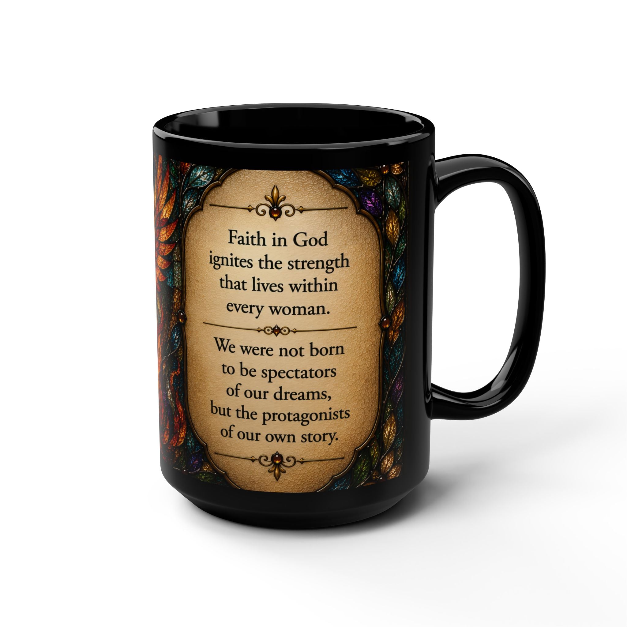 Rising Phoenix Faith Mug — Stained Glass 15oz Black Ceramic ✨