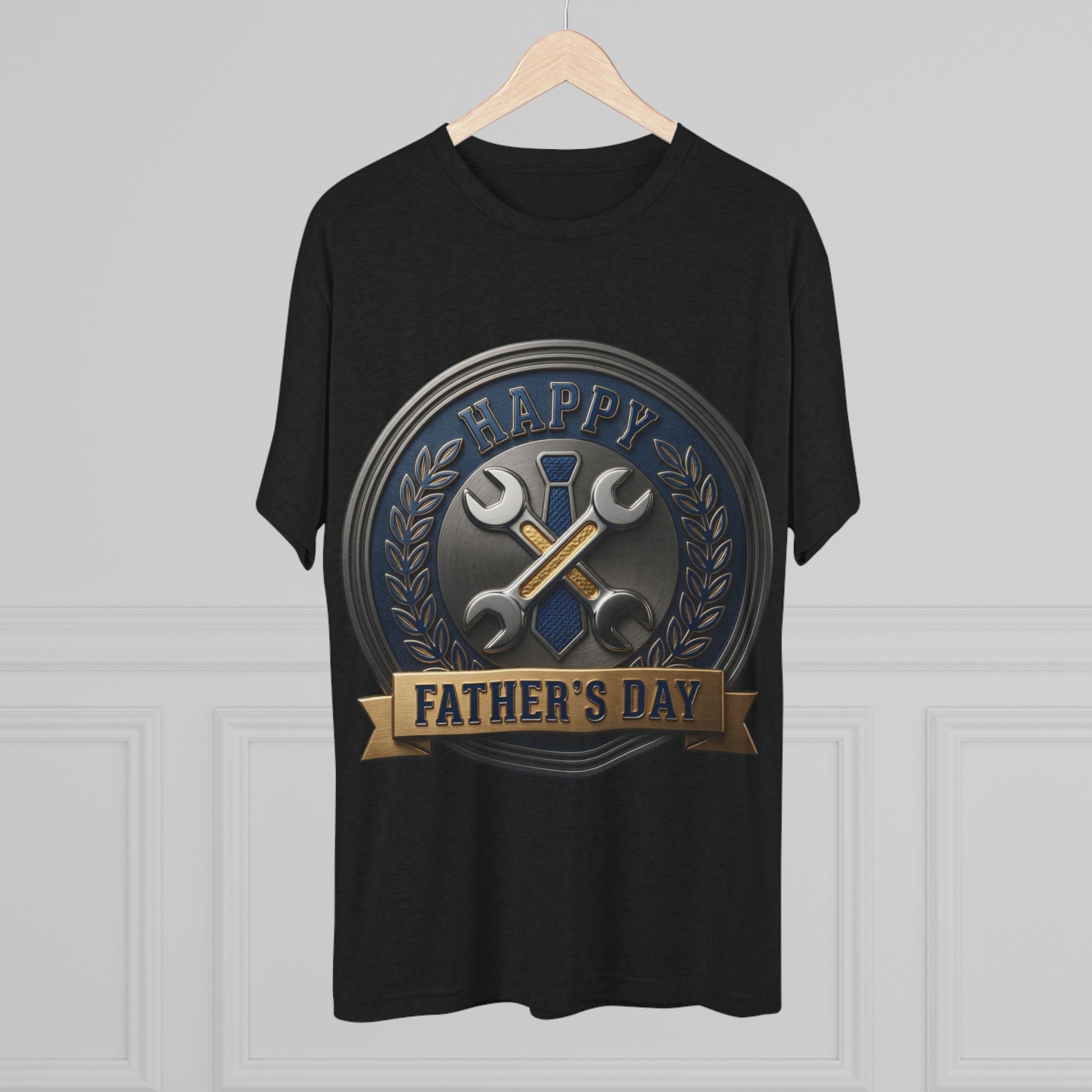 Father's Day Mechanics Badge Tee — Happy Father's Day Wrench & Hammer Crew Shirt