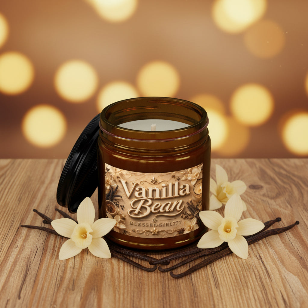 Spiced Vanilla Bean Scented Soy Candle — 4oz & 9oz Amber Jar with Black Lid
