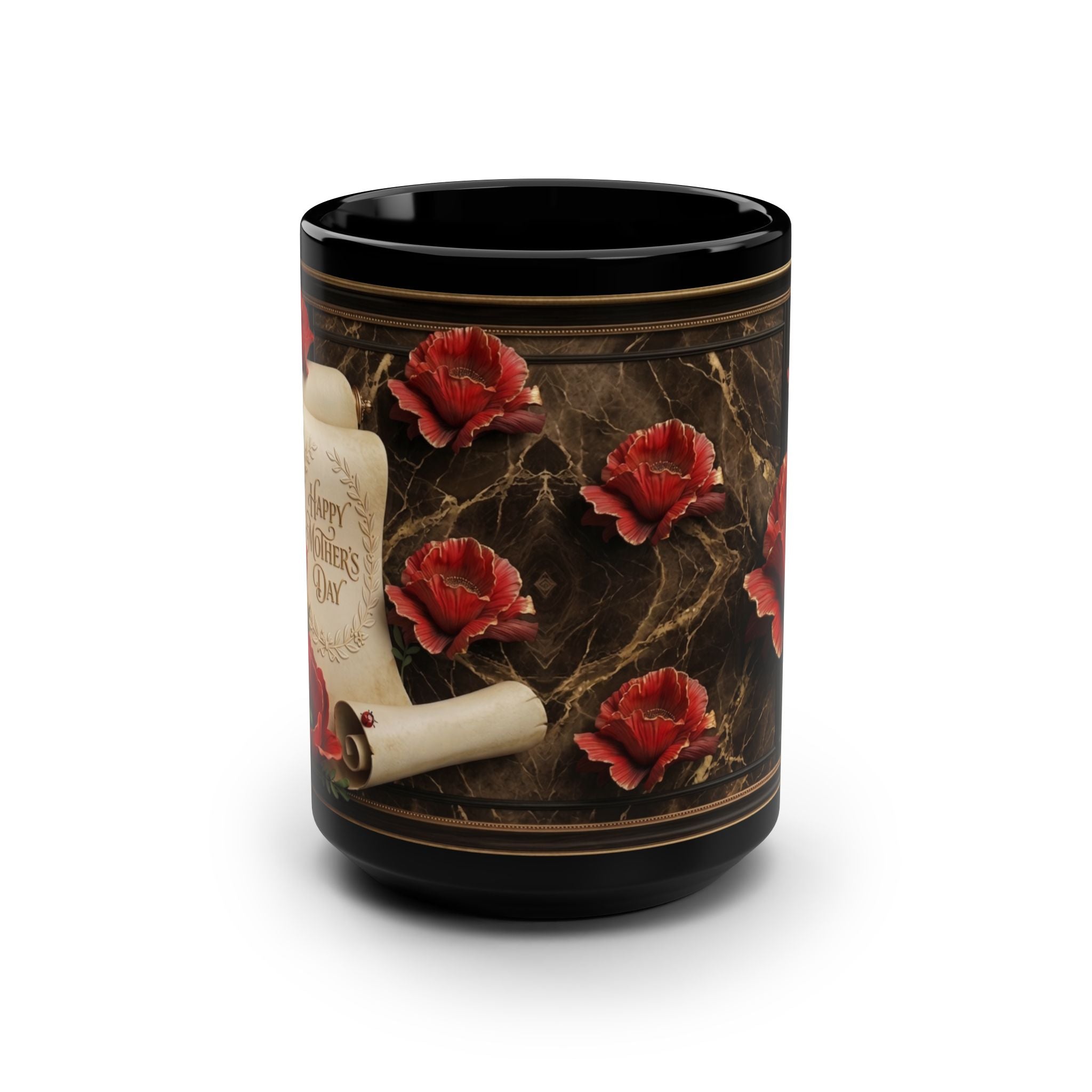 Red Poppy Floral Scroll Mug | Black 15oz