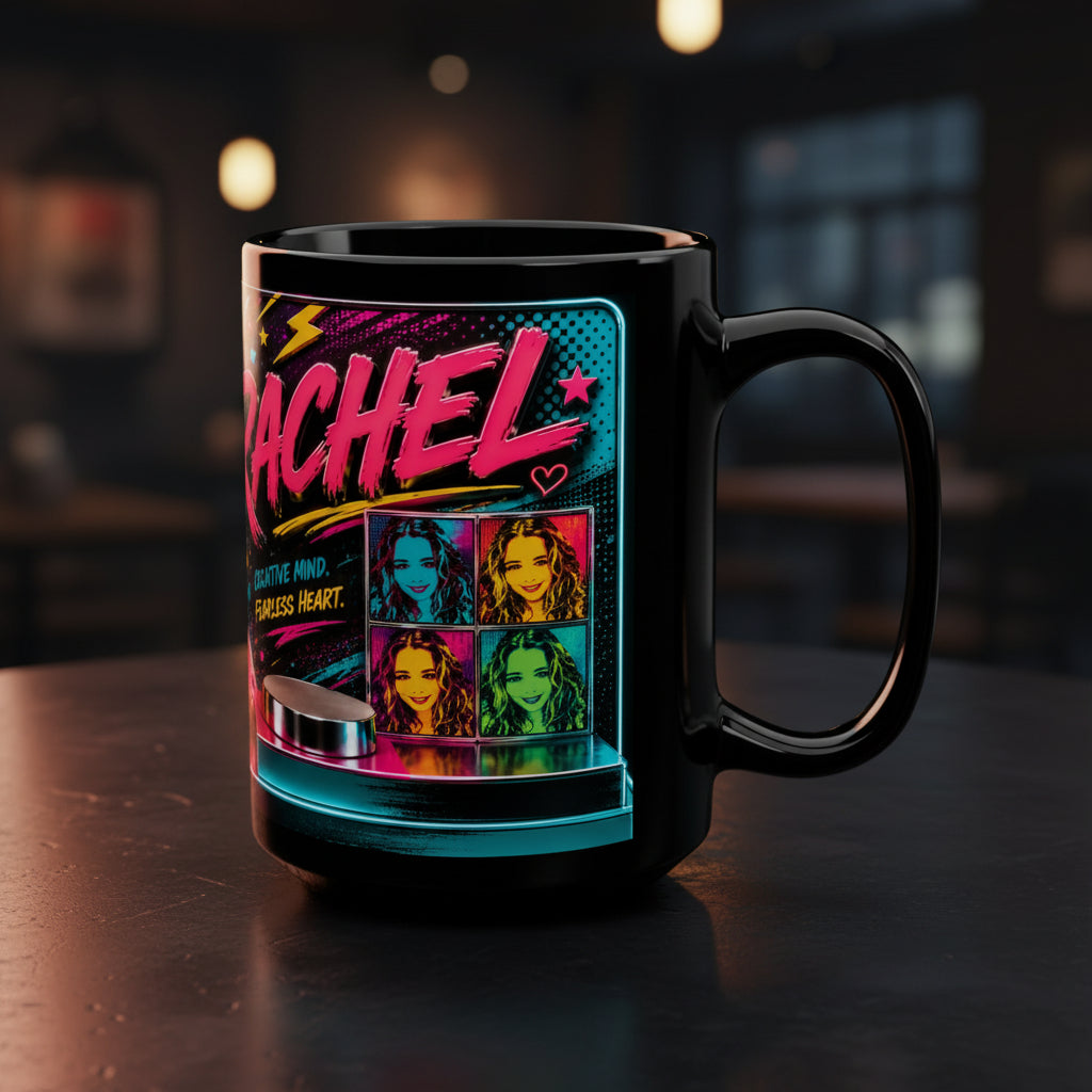 Personalized Neon Pop Photo Mug — Custom Name 'Rachel' 15oz Black Ceramic