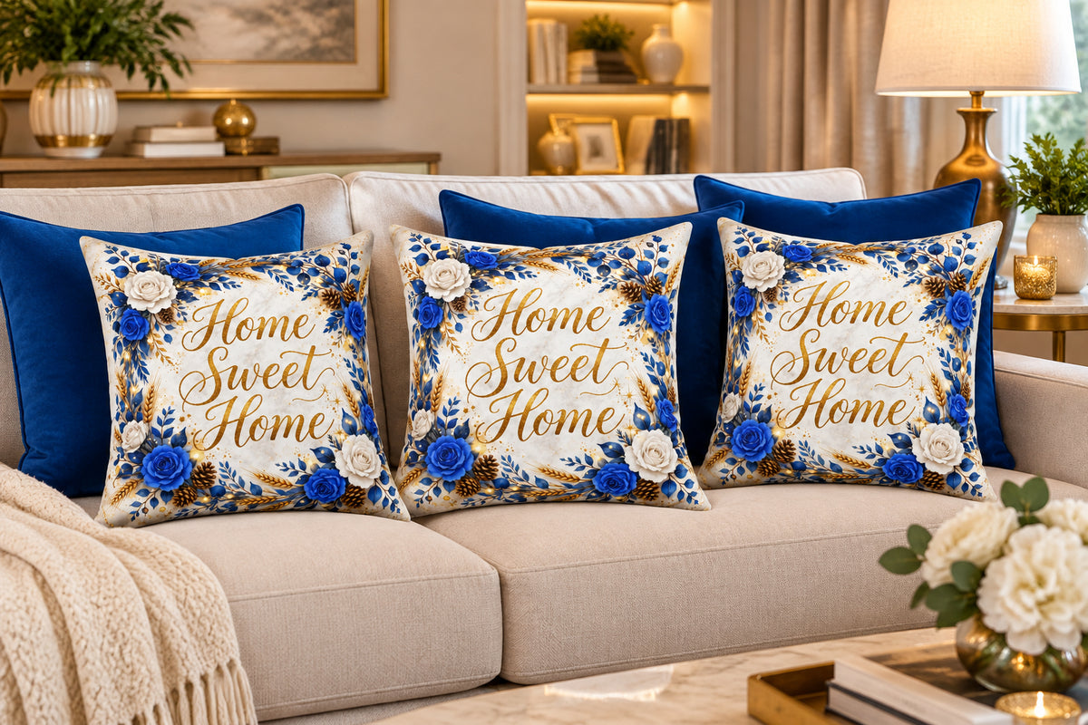 Home Sweet Home Floral Throw Pillow | Blue & Gold | 16 × 16