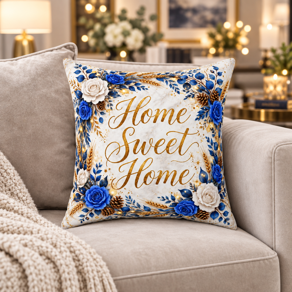 Home Sweet Home Floral Throw Pillow | Blue & Gold | 16 × 16
