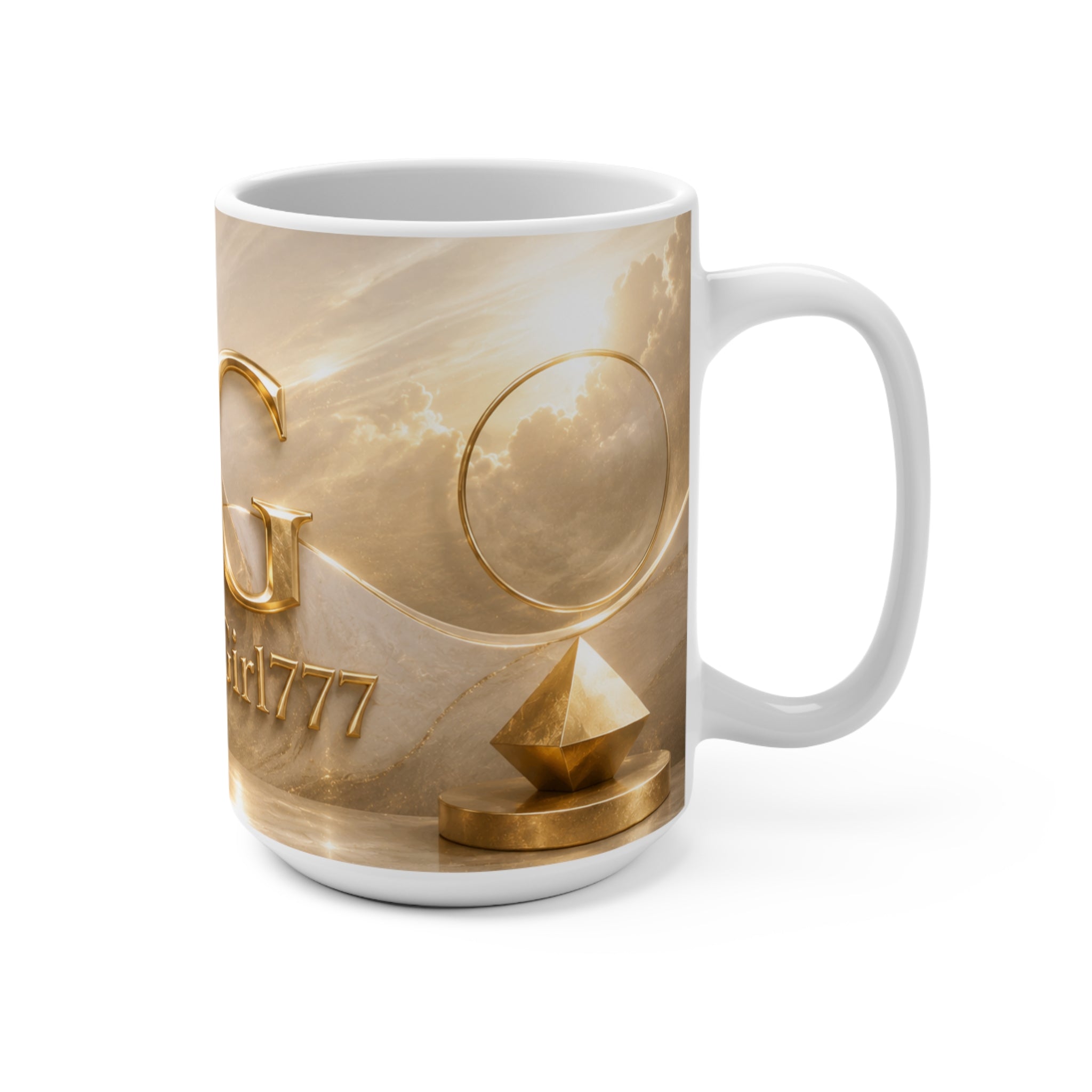 BlessedGirl777 Gold Logo Mug — 15oz Inspirational Coffee Cup