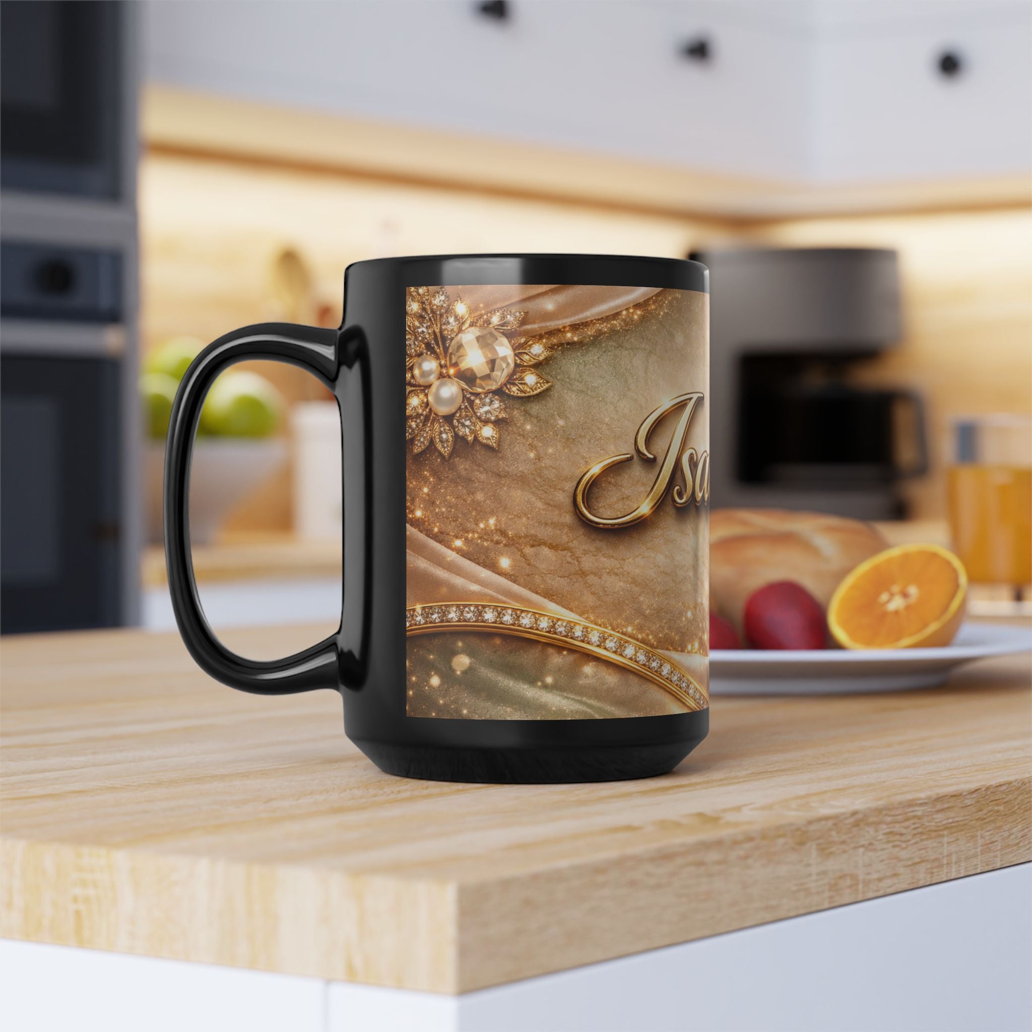 Personalized Gold Name Mug — "Isabella" Elegant Black Ceramic Coffee Cup