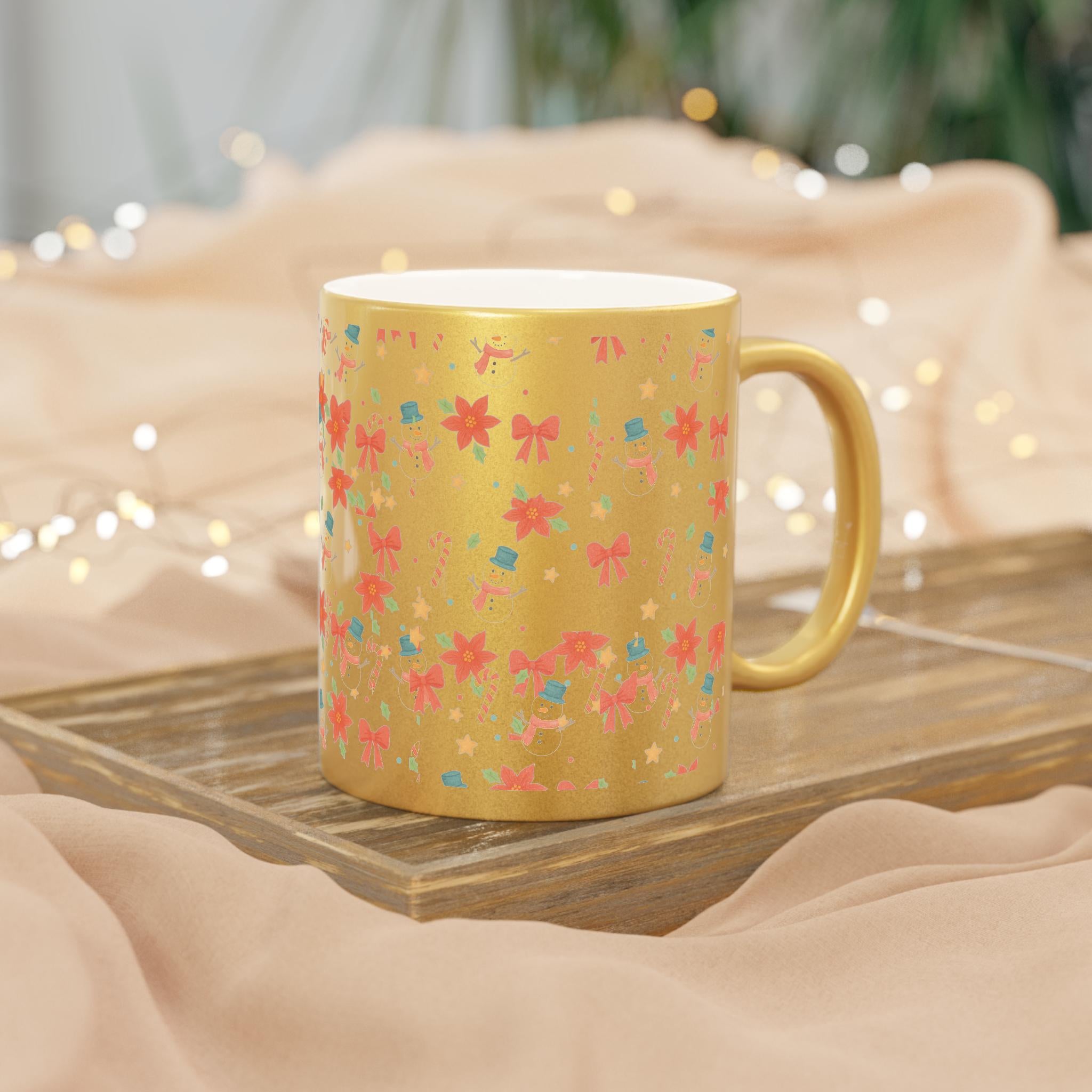 Holiday Snowman & Poinsettia Metallic Mug Gold Silver | Vintage Christmas Mug Personalized, Festive Bow Pattern Gift, Cozy Winter Coffee Cup