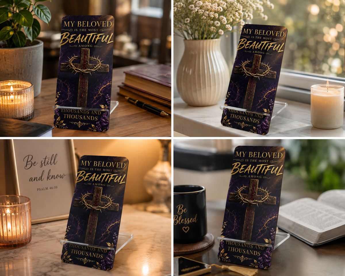 Christian Cross Phone Stand — "My Beloved Is the Most Beautiful" | Faith Desk & Nightstand Display